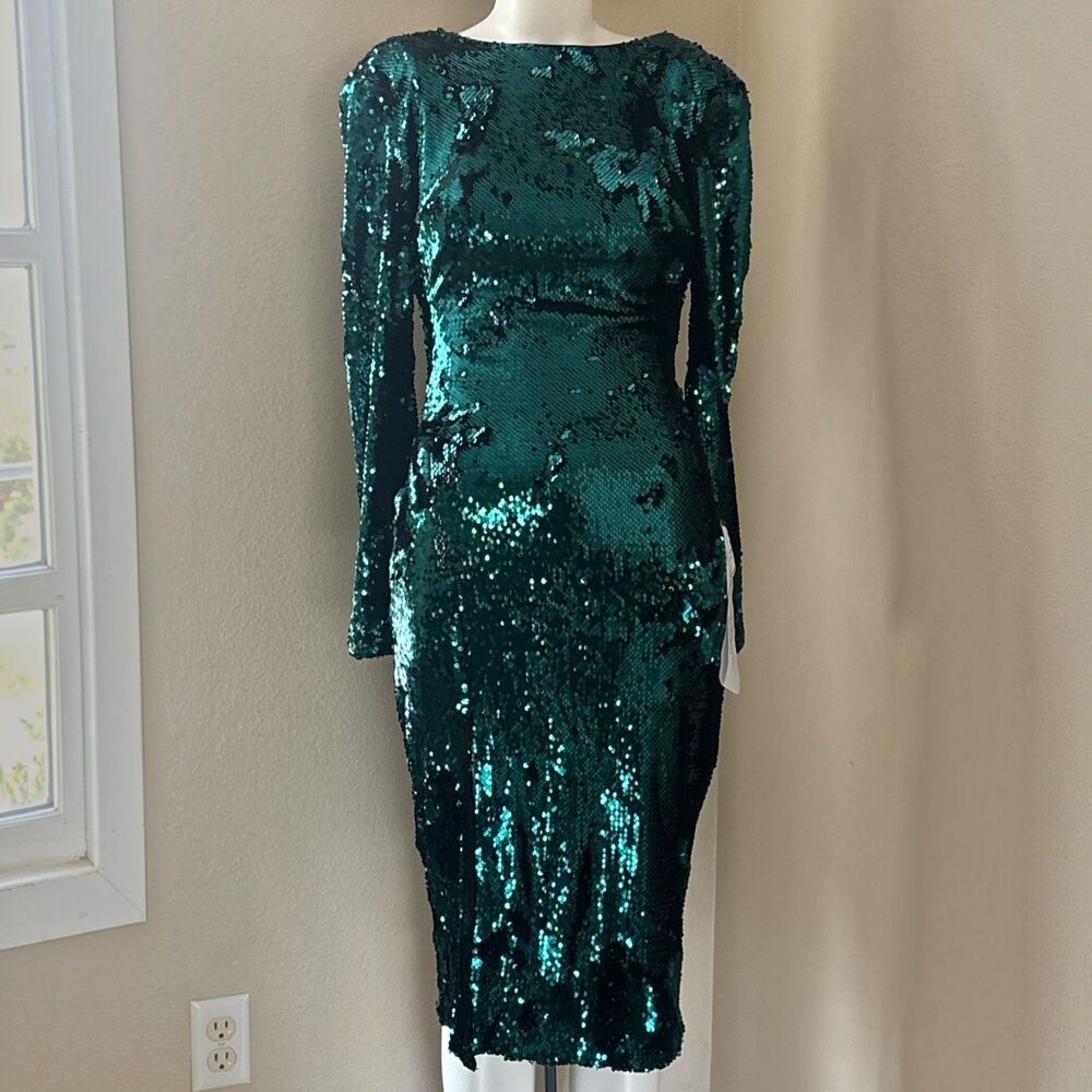 Dress The Population Green Sequin Long Sleeve V-Neck Cocktail Party Dress